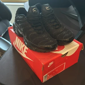 Nike Tn svarta - Säljer ett par svarta Nike tns i storlek 41. Originella sko boxen följer självklart med. Skicket är i hög grad och dem är använd max fyra gånger. Priset är inte satt i sten och kan sänkas vid snabb marknad. Skriv ifall ni behöver fler bilder eller har funderingar