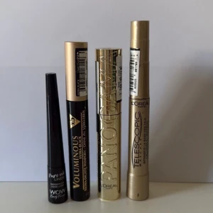 L'Oréal mascara & eyeliner set - Säljer ett set med tre mascaror från L'Oréal: Voluminous, Panorama och Telescopic i svarta och guldiga hylsor, samt en svart Pure Ink Liner från Beauty Formulas. Perfekt för att skapa både volym och definition till fransarna samt skarpa eyeliner-looks.                                                                                    Kommer från djur/rökfritt hem. 
