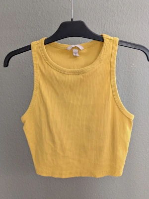 Gul ribbad croppad linnetopp H&M - Säljer en croppad gul linnetopp från H&M i storlek L. Toppen är ribbad och ärmlös med breda axelband och rund halsringning. Perfekt till sommaren och enkel att matcha med jeans eller kjol.