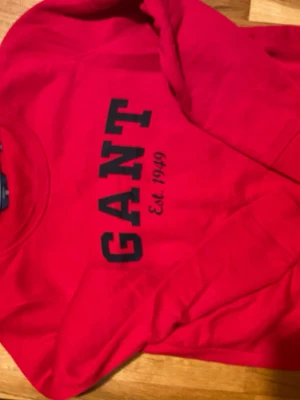 Röd sweatshirt från GANT med tryck - Riktigt snygg röd sweatshirt från GANT med stort svart tryck på bröstet där det står 'GANT Est. 1949'. Klassisk rund halsringning med ribbade muddar och mjukt material på insidan. Perfekt för dig som gillar stilrena och sportiga plagg.