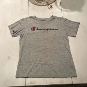 Grå Champion t-shirt med logga - Snygg grå t-shirt från Champion med klassisk logga tryckt över bröstet och liten logga på ärmen. T-shirten har rund hals och korta ärmar, perfekt för en avslappnad stil. Tillverkad i mjuk bomull för skön känsla hela dagen.