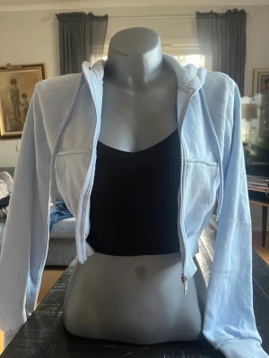 Ljusblå croppad hoodie med dragkedja - Säljer en ljusblå croppad hoodie med dragkedja framtill och huva. Jackan har långa ärmar och är tillverkad i mjukt bomullsmaterial. Perfekt för en chill och avslappnad stil.