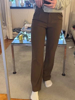 Bruna wide kostymbyxor från Dilvin - Snygga bruna kostymbyxor från Dilvin Basic Chiquelle i storlek 36. Byxorna har hög midja och wide fit. Materialet är mjukt och har en lätt stretch, lite insydda i midjan, se bild.