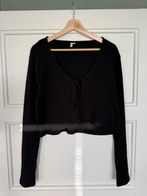 Svart ribbad croppad topp med knyt från NLY trend - Svart långärmad topp med ribbad struktur och croppad passform. Djup v-ringning framtill med snygga knyt-detaljer. Mjuk och stretchig i materialet, perfekt för dig som gillar stilrena och trendiga plagg. Enkel att matcha med jeans eller kjol.