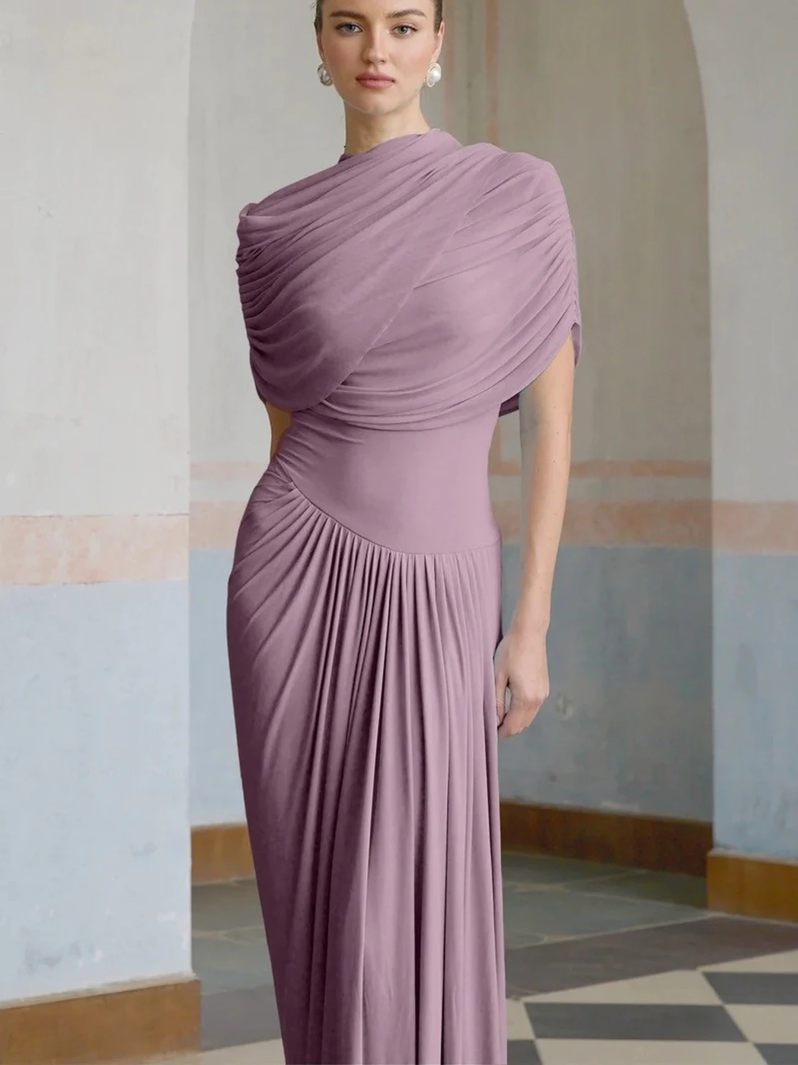 Ljuslila långklänning med drapering - 1