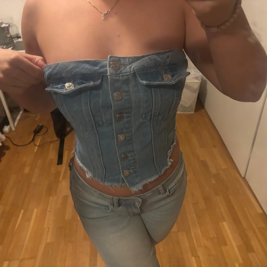 Blå denim tubtopp med knappar - 1