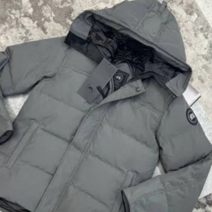 Grå dunjacka från Canada Goose - Säljer en grå dunjacka från Canada Goose med huva och klassisk patch på ärmen. Jackan har långa ärmar, dragkedja och tryckknappar framtill samt två sidofickor. Perfekt för kalla dagar och har en stilren, enkel design.