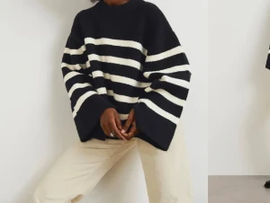 Svartvit randig stickad tröja - Säljer en oversized stickad tröja med breda svarta och vita ränder. Tröjan har rund hals, långa ärmar och en loose fit med extra vida ärmslut. Från Gina tricot!