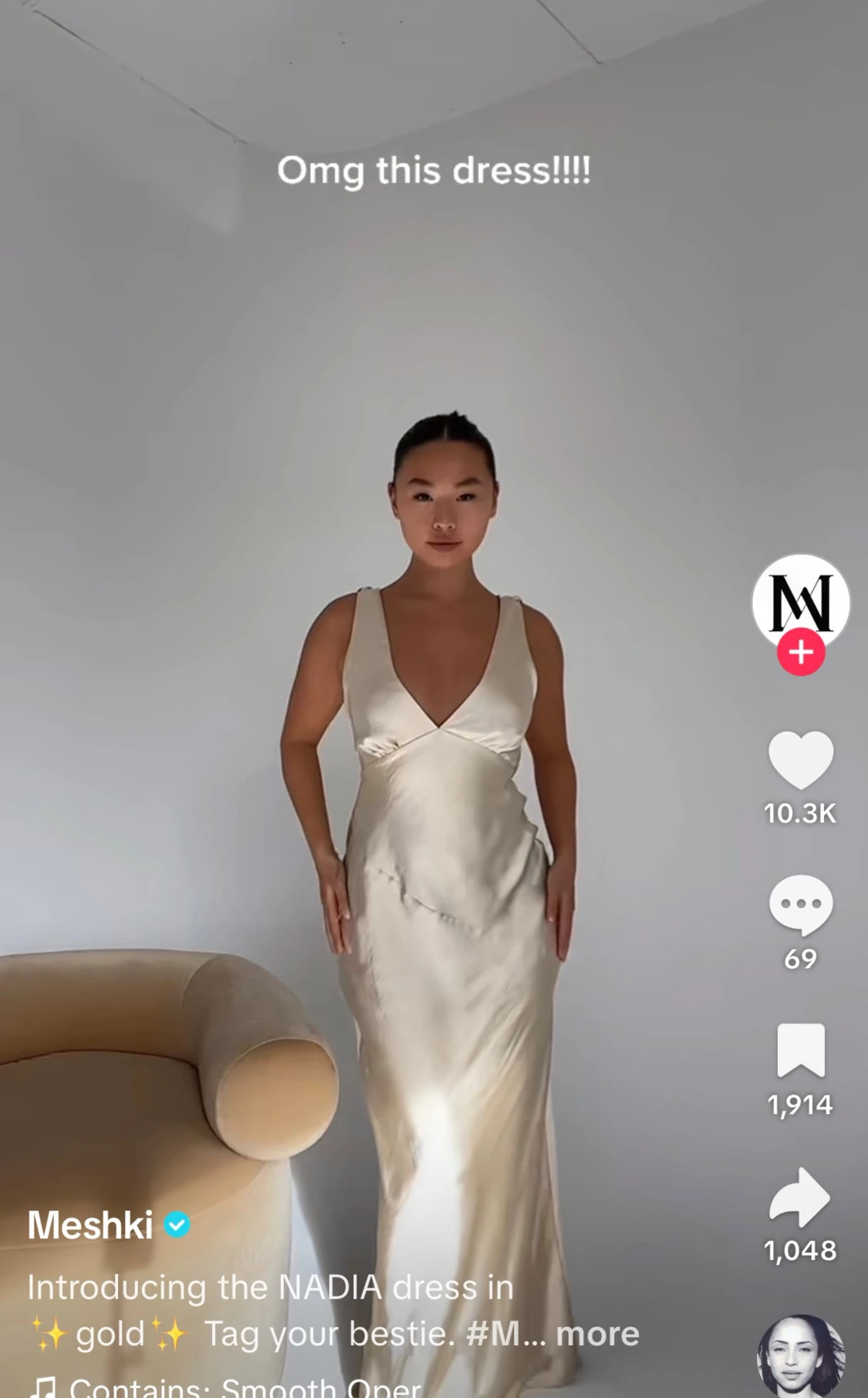 SÖKER !!Champagnefärgad långklänning Meshki - 1