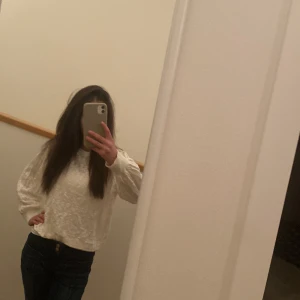 Vit spetsblus med lång ärm - Säljer en vit blus med lång ärm och rund hals. Blusen har ett snyggt spetsmönster över hela och är lätt transparent. Passformen är normal och materialet känns mjukt och luftigt. Perfekt för dig som gillar stilrena detaljer och vill ha något som sticker ut.