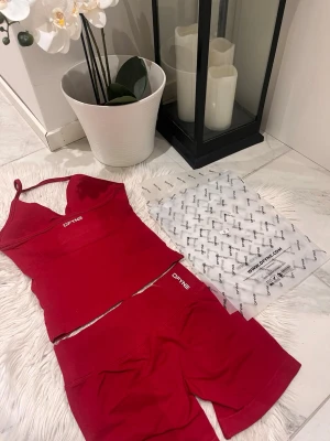 Rött seamless set från DYFNE - Säljer ett rött seamless underklädesset från DYFNE med sportig topp och matchande shorts. Setet har smala axelband och är tillverkat i stretchigt material som sitter skönt mot kroppen. Perfekt för dig som gillar en sportig och trendig look.