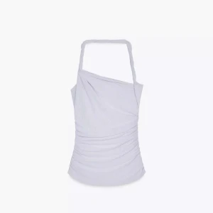 Grå/blå asymmetrisk linnetopp -  linnetopp med asymmetrisk halsringning och en axelbandslös design på ena sidan. Toppen har draperade detaljer och smal passform, perfekt för att skapa en cool och modern look.