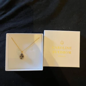 Guldigt halsband Caroline Svedbom - Stilrent halsband från Caroline Svedbom med tunn guldfärgad kedja och en droppformad, glittrig kristall i mitten. Kommer i originalask och är perfekt för dig som vill ha något elegant och iögonfallande. 