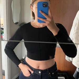 Svart croppad långärmad topp - Säljer en svart, croppad långärmad topp med rund halsringning. Toppen har en tight passform och en synlig söm fram- och baktill som ger en snygg detalj. Perfekt att styla med höga jeans eller kjol.