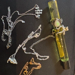 Smyckespaket med halsband och ring - 💗Säljer ett paket med tre halsband två i silverfärg:,ett med familjeberlock, ett med leopard berlock och ett med hjärtberlock i guldton. Ingår även två unika silverfärgad ringar med vit opal och ett bläckfisk motiv. Perfekt för dig som gillar djur och personliga smycken. *Parfymflaskan ingår vid en snabb affär. -*allt skickas med en present påse. 💕