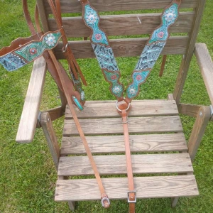 Western träns och brösta - Superfint western träns och brösta. Använt en gång när jag provade det så de är helt nya, var ivrig och ryckte lapparna tyvärr. Det passar till cob-full, det är väldigt justerbart. Superfint läder och design. Beställt från USA för 4500kr nypris.