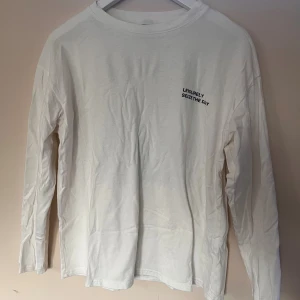 Vit långärmad tröja från Dazy/Shein - Vit långärmad tröja från Dazy/ Shein med trycket 'LEISURELY SEIZE THE DAY' på bröstet och en stor bild med hav och fåglar på ryggen. Skön passform och tillverkad i mjuk bomull, perfekt för en chill look.