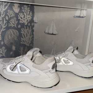 Dior B30 vita sneakers  - Säljer ett par Dior B30 sneakers i vitt med silvriga detaljer och CD-logga på hälen. Skorna har meshpaneler, snörning och en chunky platt sula. Märket syns tydligt på plösen och sidan. Perfekt för dig som gillar exklusiva och trendiga sneakers.