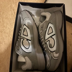 Grå Dior b30  sneakers med CD-detalj - Säljer ett par grå Dior b30 sneakers med cool CD-logga på sidan. Skorna har en blandning av mesh och syntetmaterial, med snygga svarta och silverfärgade detaljer. Rund tå, platt sula och snörning för skön passform. Perfekt för dig som gillar exklusiv streetstyle.
