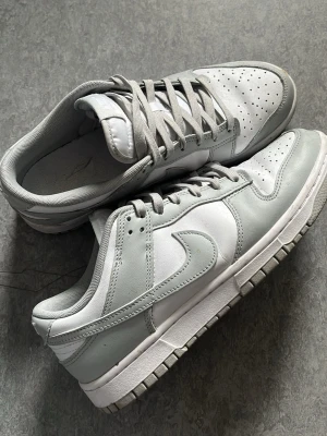 Nike Dunk Low  - Nike Dunk Low sneakers i en clean färgkombination av ljusgrått och vitt. Skorna har klassisk låg siluett, perforerad tåbox och ikoniska Swoosh-loggan på sidan. Perfekta för en stilren streetwear-look. Storlek 43 och fint skick