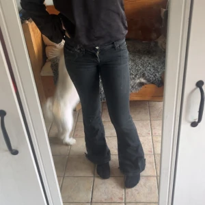 Svarta bootcut jeans från Cheap monday  - Säljer ett par svarta jeans från cheapmonday med bootcut-modell. Jeansen har klassisk femficksdesign, normal passform och är tillverkade i stretchigt denimtyg för extra komfort. Snygga detaljer och logga på bakfickan. Perfekta för en trendig vardagslook. Strl 26/30 slitningar längst ner