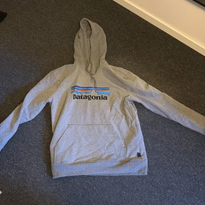 Grå Patagonia hoodie med tryck - Säljer en grå hoodie från Patagonia med klassiskt logotryck i blått, orange och svart på bröstet. Tröjan har huva med snörning och en stor magficka. Perfekt för chill dagar eller när du vill ha en avslappnad stil.