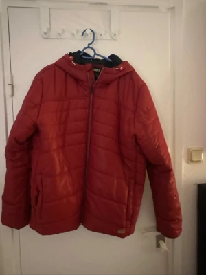 Röd pufferjacka från Jack and Jones ( pris kan diskuteras) - Säljer en röd pufferjacka från Jack and Jones  i storlek L. Jackan har huva, dragkedja framtill och två fickor. Quiltad design och tillverkad i syntetmaterial. Perfekt för kyliga dagar och enkel att matcha med olika outfits.