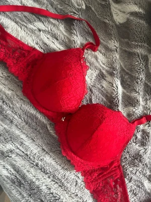 Röd spets BH - Säljer denna fina röda spets Bh får SHEIN❤️Inga tecken på användning på framsidan, däremot lite nopprig på insidan💗 BHn har ingen push up