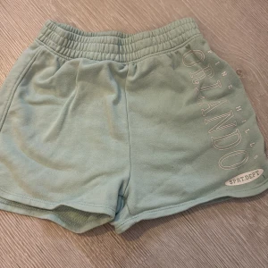 Mintgröna shorts från H&M med tryck - Snygga mintgröna shorts från H&M med elastisk midja och trycket 'Pine Hills Orlando SPRT.DEPT på ena benet. Mjukt material som känns skönt mot huden, perfekt för chill dagar. Klassisk loose fit och enkel design utan extra detaljer.