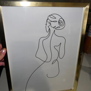 Line Art Tavla med Guldram - Modern tavla med stilren line art-motiv av en kvinna, inramad i elegant guldram. Perfekt för att ge ditt hem en trendig och minimalistisk känsla. Tavlan är i fint skick utan synliga skador eller slitage. Enkel att hänga upp tack vare monterade fästen på baksidan.