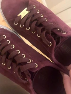 Vinröda sneakers från  Ralph Lauren - Säljer ett par vinröda sneakers från Lauren Ralph Lauren i vinröd med guldfärgade detaljer och snörning. Skorna har rund tå och vit sula, samt en metallbricka med RL-logga på snörningen. Perfekta för dig som gillar stilrena och klassiska sneakers.