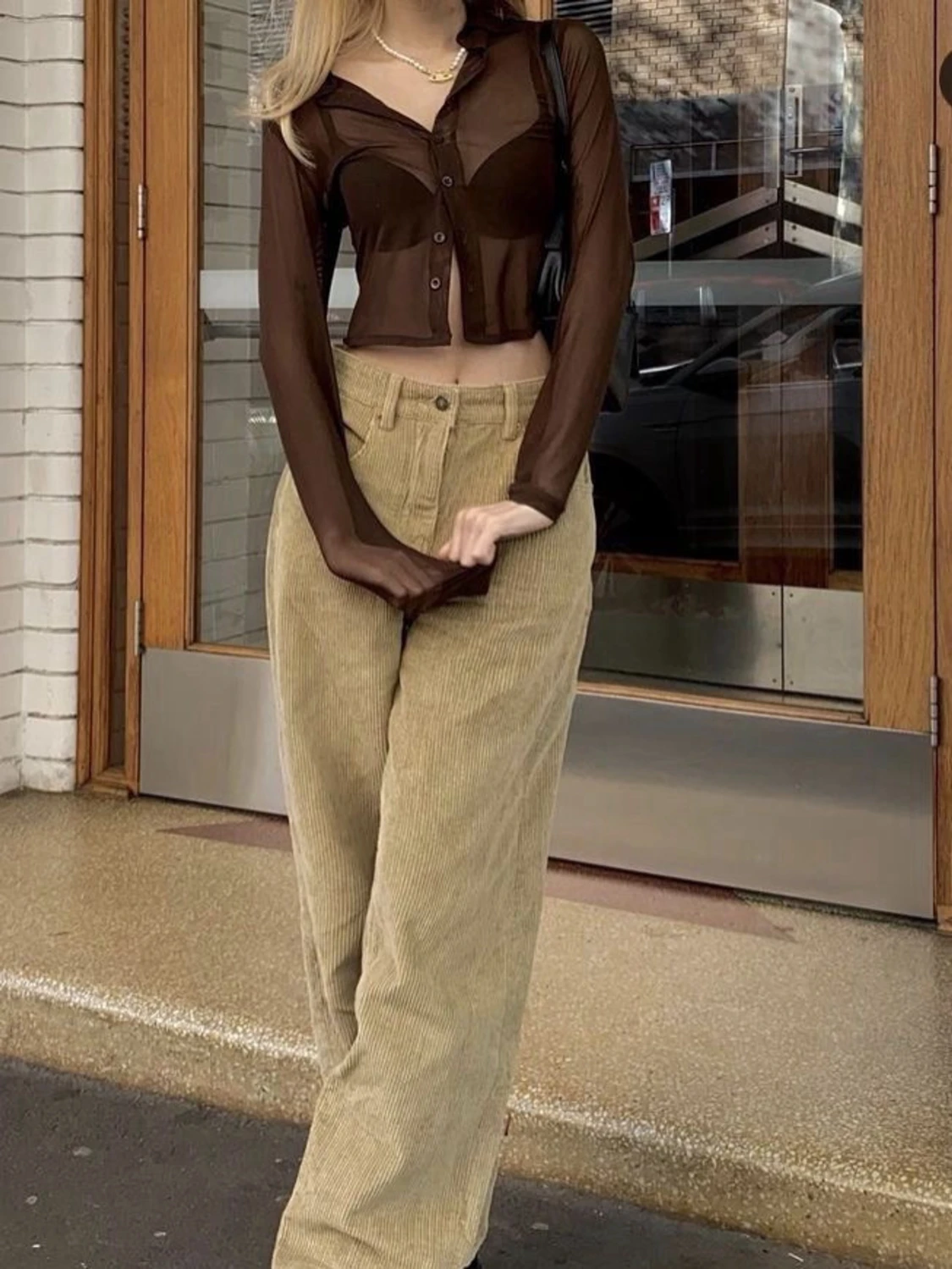 Brun mesh croppad blus