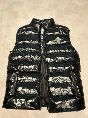 Svart glansig dunväst  - Säljer en glansig svart dunväst med hög krage och dragkedja framtill. Västen har två fickor med dragkedja och logga på bröstet. Perfekt för lager-på-lager och riktigt snygg till streetwear. Bara att skriva vid frågor och priset går såklart att diskutera!