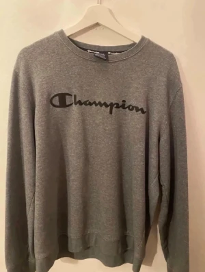 Grå sweatshirt från Champion - Säljer en grå sweatshirt från Champion i storlek L. Tröjan har klassisk rund halsringning och svart Champion-logga framtill. Perfekt för dig som gillar en enkel och sportig stil. Mjuk insida och långa ärmar.