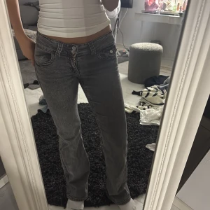 Gråa lågmidjade jeans med raka ben - Säljer ett par gråa jeans med låg midja och raka ben. Jeansen har snygga detaljer med dubbla knappar och klassiska fickor fram. Perfekta för dig som gillar en avslappnad och trendig look.