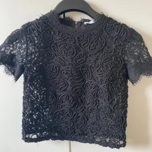 Svart spetsblus från Zara  - Assnygg svart genomskinlig spetsblus från Zara med korta ärmar och helspets i blommigt mönster. Storlek s, bra skick! 