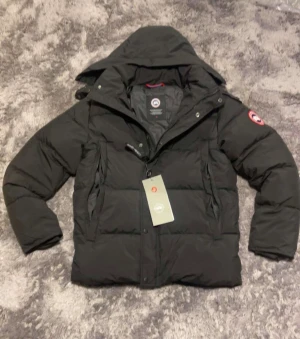 Svart dunjacka från Canada Goose - Säljer en svart dunjacka från Canada Goose med stor huva och snygg pälsdetalj. Jackan har dragkedja, knappar och två stora fickor framtill. Perfekt för kalla dagar och riktigt varm. Klassisk patch på ärmen och stilren design.