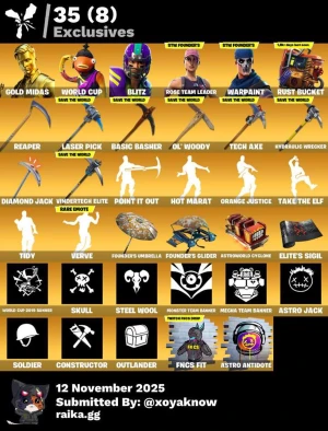 Fortnite 35 exclusive items - Samling av 35 exklusiva Fortnite-items inklusive sällsynta skins som Gold Midas, World Cup, Blitz, Rose Team Leader och Warpaint. Innehåller unika pickaxes, emotes, banners och gliders. Perfekt för samlare och entusiaster. Alla items är digitala och i utmärkt skick.