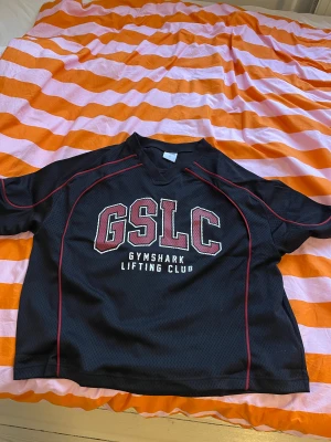 Gymshark T-shirt  - Size S Svart mesh t-shirt från Gymshark med stor GSLC-print och texten 'Gymshark Lifting Club' på bröstet. T-shirten har röda kontrastsömmar, v-ringad hals och korta ärmar. Perfekt för gymmet eller sport, loose fit och riktigt skön polyesterkänsla.