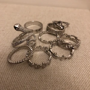 Nio silverringar  - Nio silverringar från SHEIN med olika detaljer. En som en orm, stjärnor, blommor, en ros, med kors, och en del andra.