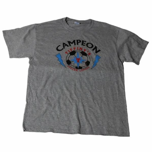 Campeon - Vintage Graphic T-shirt - En riktigt cool grå tröja som har ett flerfärgat tryck som går över bröstet. Perfekt för dig som gillar en baggy stil då denna tröja är rätt baggy. Den är thriftad på valeries thrift store i Los Angeles 