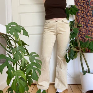 Beiga Manchesterbyxor - Så fina beiga Bootcut Manchesterbyxor från Vero Moda. Köpte dem på plick men de är tyvärr lite små i midjan på mig. Storlek 40 men lite små i storleken. De är uppsprättade där nere för att vara längre. Midjemått: ca 80cm, innerbenslängd: ca 85cm. För referens är jag 168cm och brukar ha storlek 40 eller W29/W30! Jag kan frakta eller mötas upp på söder.