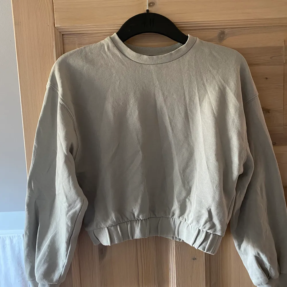 En grå croppad sweatshirt från Zara. Går mot det pastellgröna hållet! Storlek S och säljs för att den är för kort i armarna som är 182 lång 🤌🏼🤌🏼 . Tröjor & Koftor.