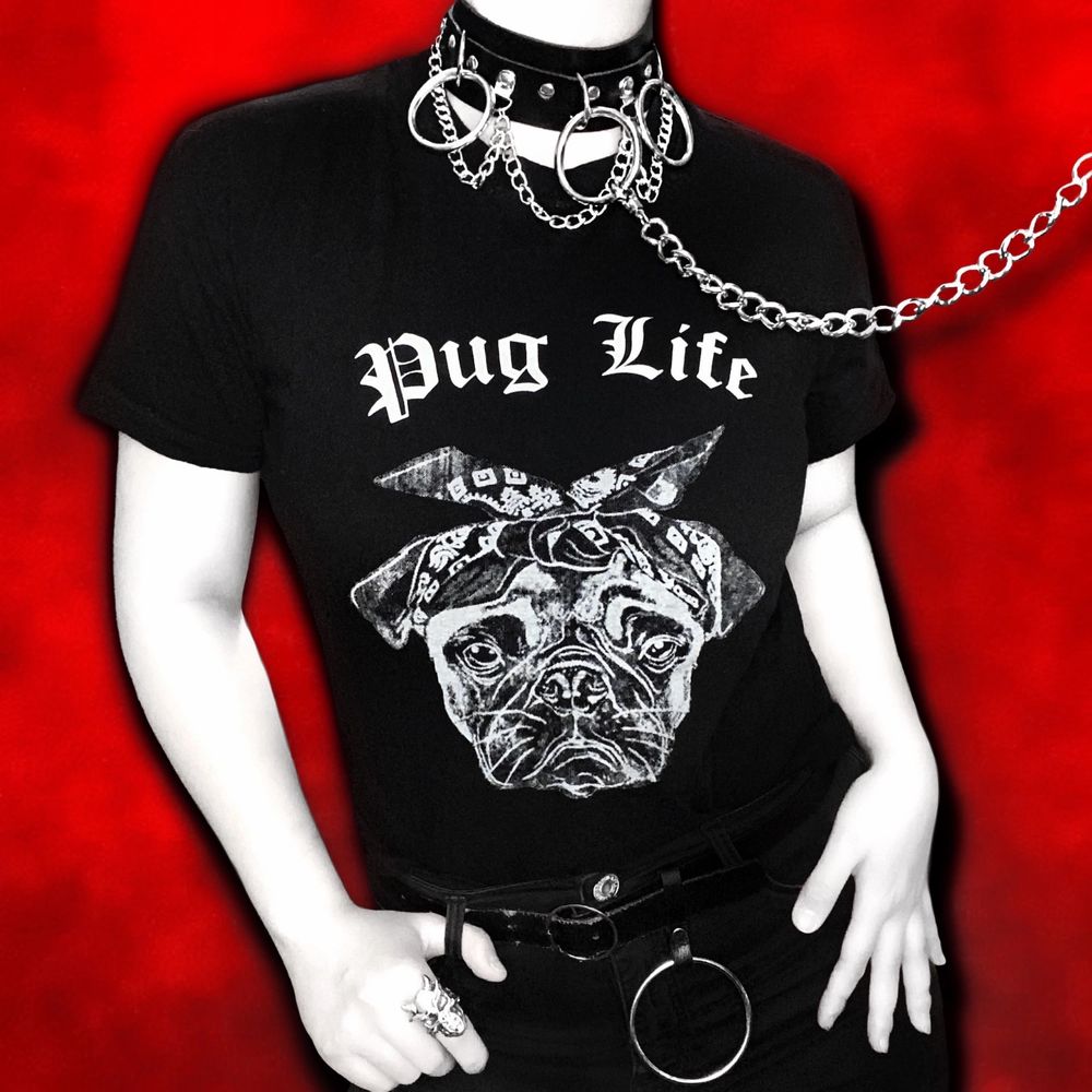 “𝑨𝒍𝒍 𝒂𝒃𝒐𝒖𝒕 𝒕𝒉𝒂𝒕 𝒑𝒖𝒈 𝒍𝒊𝒇𝒆” Cute AF tisha med edgy ’Pug Life’ motiv 🐶⛓ Storlek S unisex (passar också M) och i superbra skick! 🖖🏻 Gratis frakt!. T-shirts.