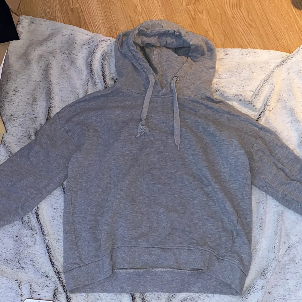 En grå hoodie från lager 157, lite sönder vid snörena men funkar ändå, storlek S/M. Hoodies.