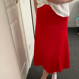 En röd kjol i midi-längd från Nakd. Jättehärlig röd färg. Materialet är silke som är jätteskönt. Endast använd en gång. Dragkedja på sidan. Kan passa flera storlekar i midjan beroende på om man vill ha kjolen högt eller lågt, jag är en xs. 