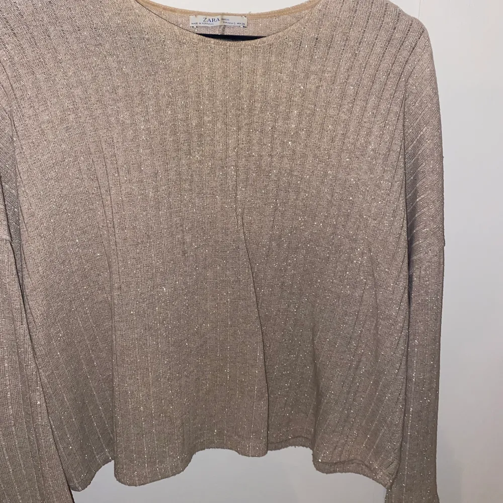 En supersöt beige glittrig topp/tröja från Zara. Den är ej stretchig och kliar inte. Är i bra begagnat skick, storlek s/36.✨✨. Tröjor & Koftor.
