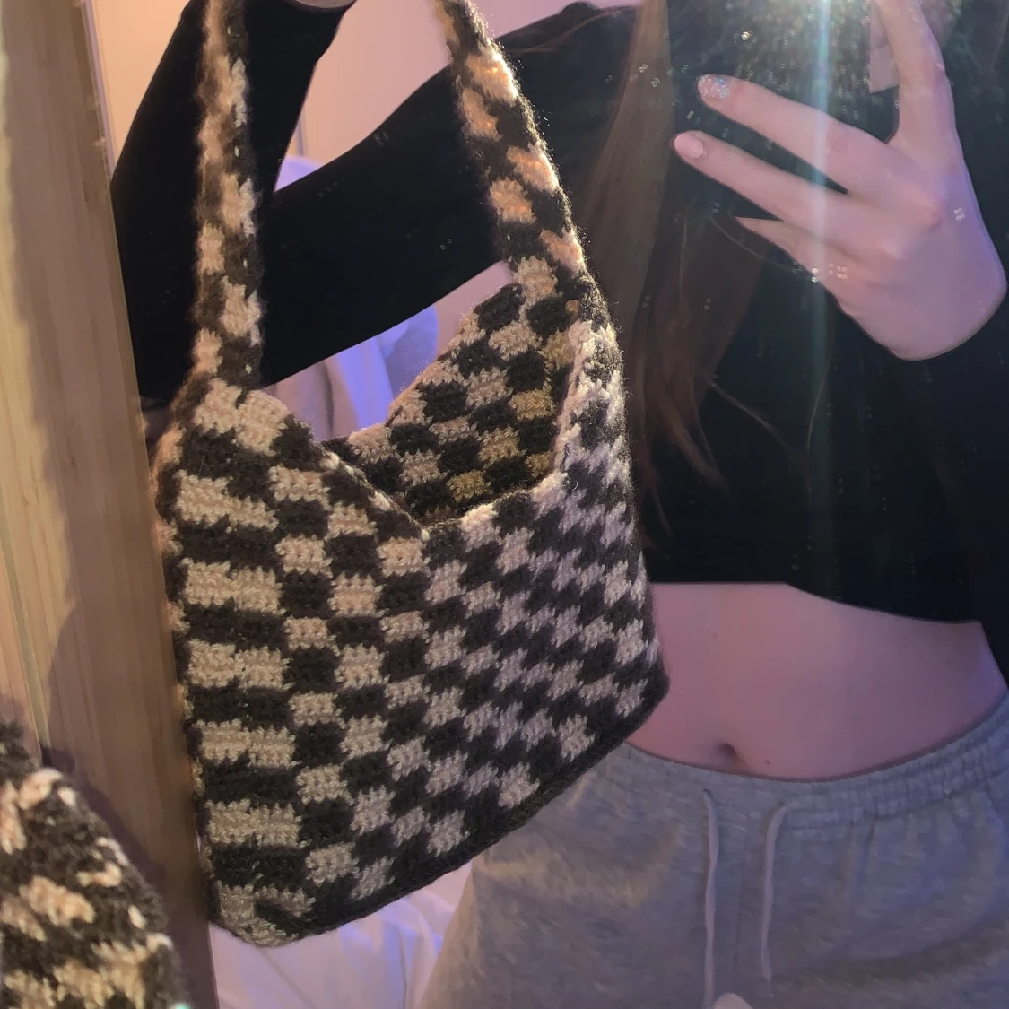 Rutig handväska (beige och brun) - 91