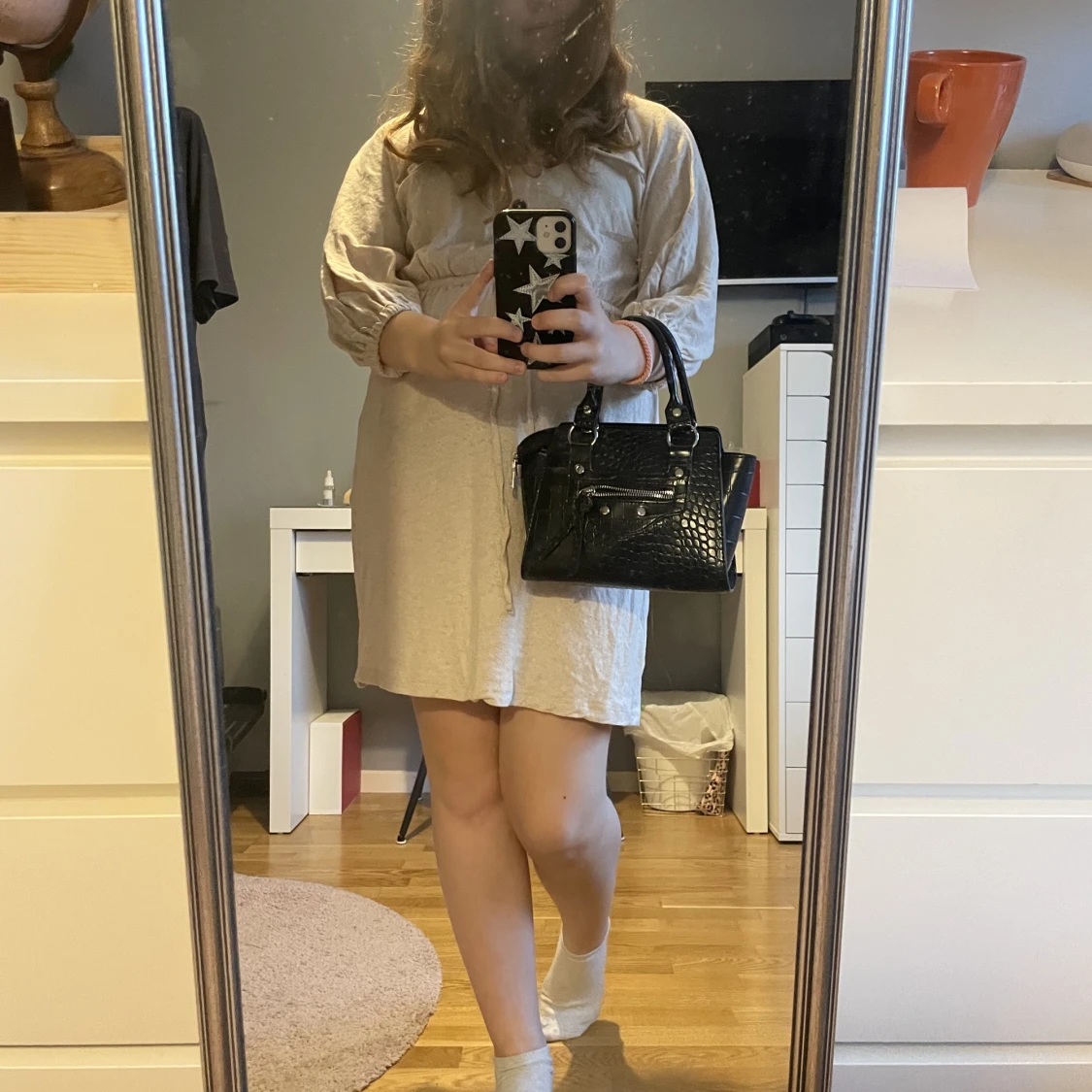 Linen långärmad klänning (beige) - 90