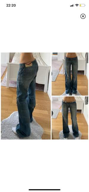 Säljer dessa supersnygga jeans från Crocker då dem inte passade på mig. Midjemått: 85cm, innerbenslängd: 87cm. Lånade bilder från förra ägaren som är 171 cm lång.  Reparerade (bild 2) vilket man knapp märker av på utsidan. 💞 